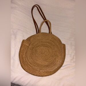 Woven Round Straw Tote Bag - Brown